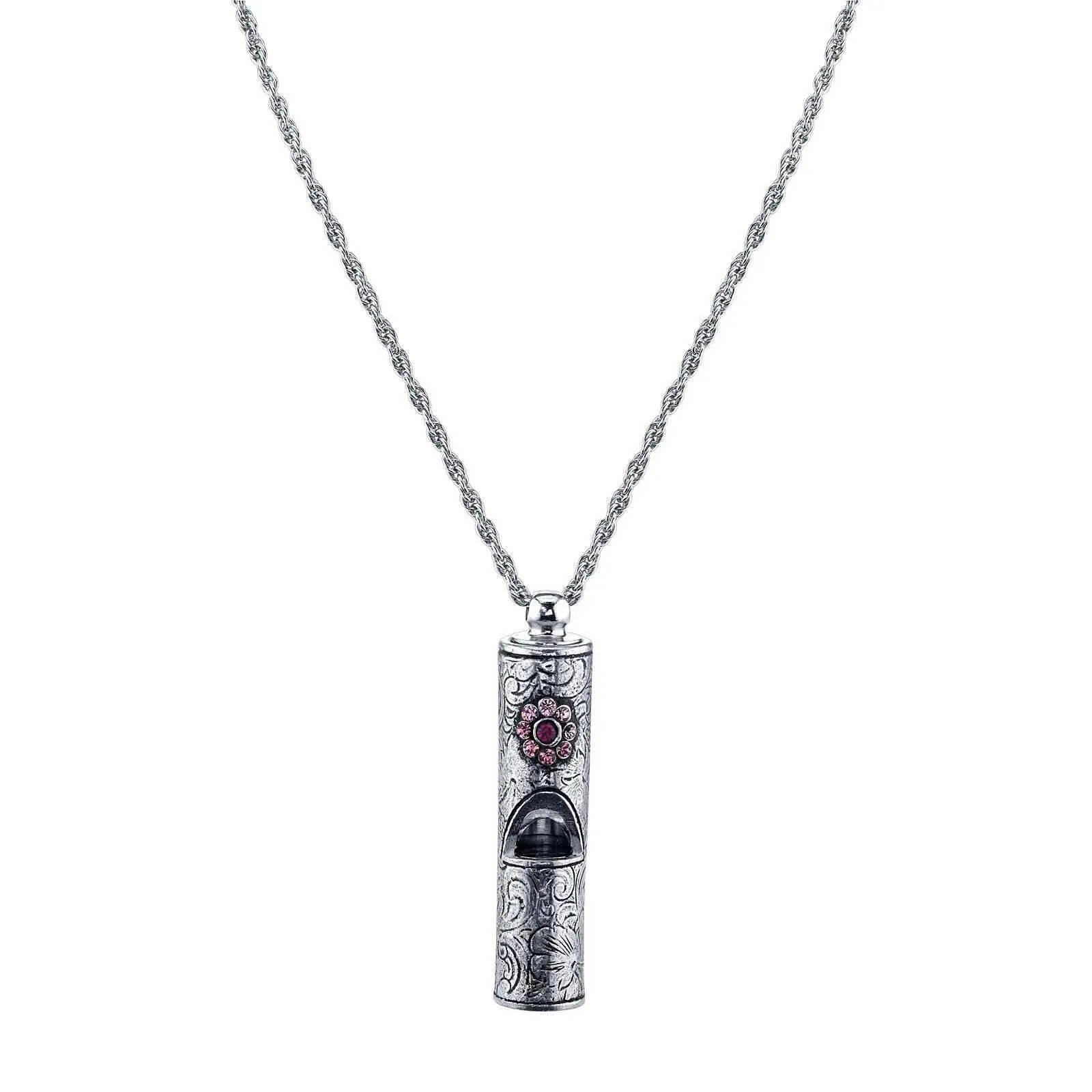 1928 Jewelry Antiqued Pewter Whistle With Flower Necklace 28" 1928 Jewelry