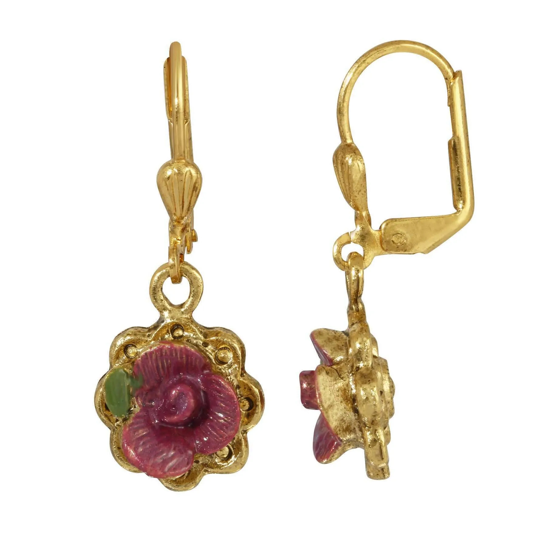 1928 Jewelry Antiqued Pink Rose Hand Enameled Flower Drop Earrings 1928 Jewelry