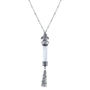 1928 Jewelry Antiqued Wing Cherub Angel Clear Crystal Glass Vial Tassel Necklace 30" 1928 Jewelry
