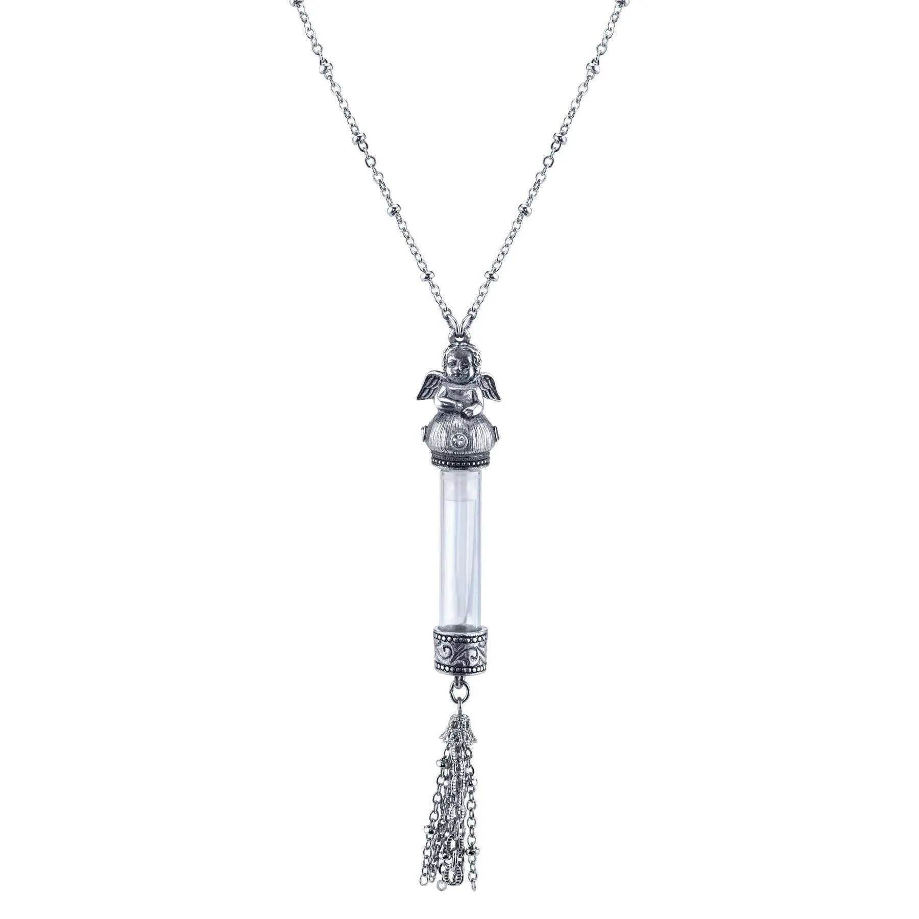 1928 Jewelry Antiqued Wing Cherub Angel Clear Crystal Glass Vial Tassel Necklace 30" 1928 Jewelry