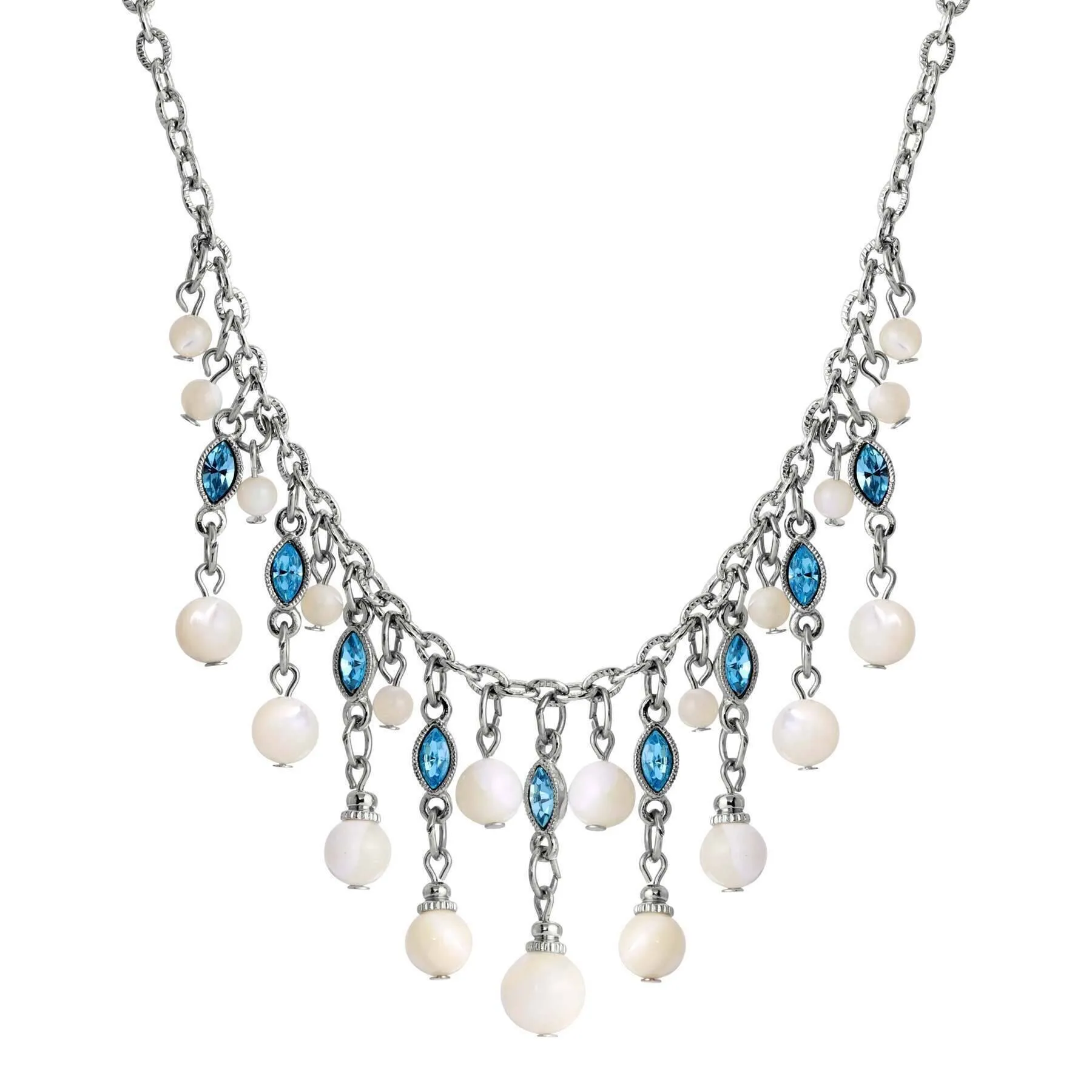 1928 Jewelry Aquamarine Crystal Mother Of Pearl Bib Necklace 16"   3" Extender 1928 Jewelry