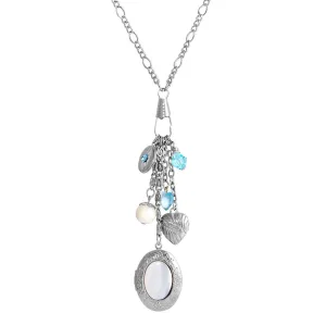 1928 Jewelry Aquamarine Crystal Mother Of Pearl Charms And Locket Necklace 30" 1928 Jewelry
