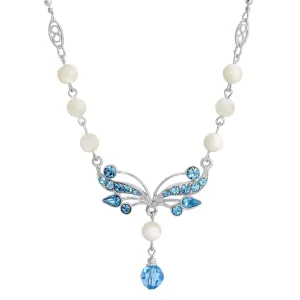1928 Jewelry Aquamarine Crystal Mother Of Pearl Drop Necklace 16"   3" Extender 1928 Jewelry