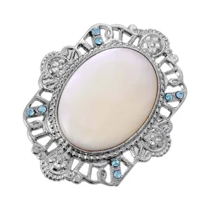 1928 Jewelry Aquamarine Crystal Mother Of Pearl Filigree Flower Pin 1928 Jewelry