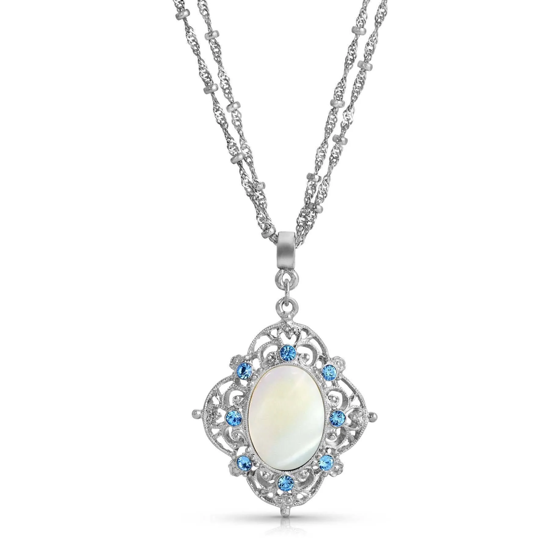 1928 Jewelry Aquamarine Crystal Mother Of Pearl Filigree Pendant Necklace 16"   3" Extender 1928 Jewelry