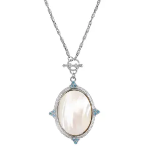 1928 Jewelry Aquamarine Crystal Mother Of Pearl Oval Pendant Toggle Necklace 30" 1928 Jewelry