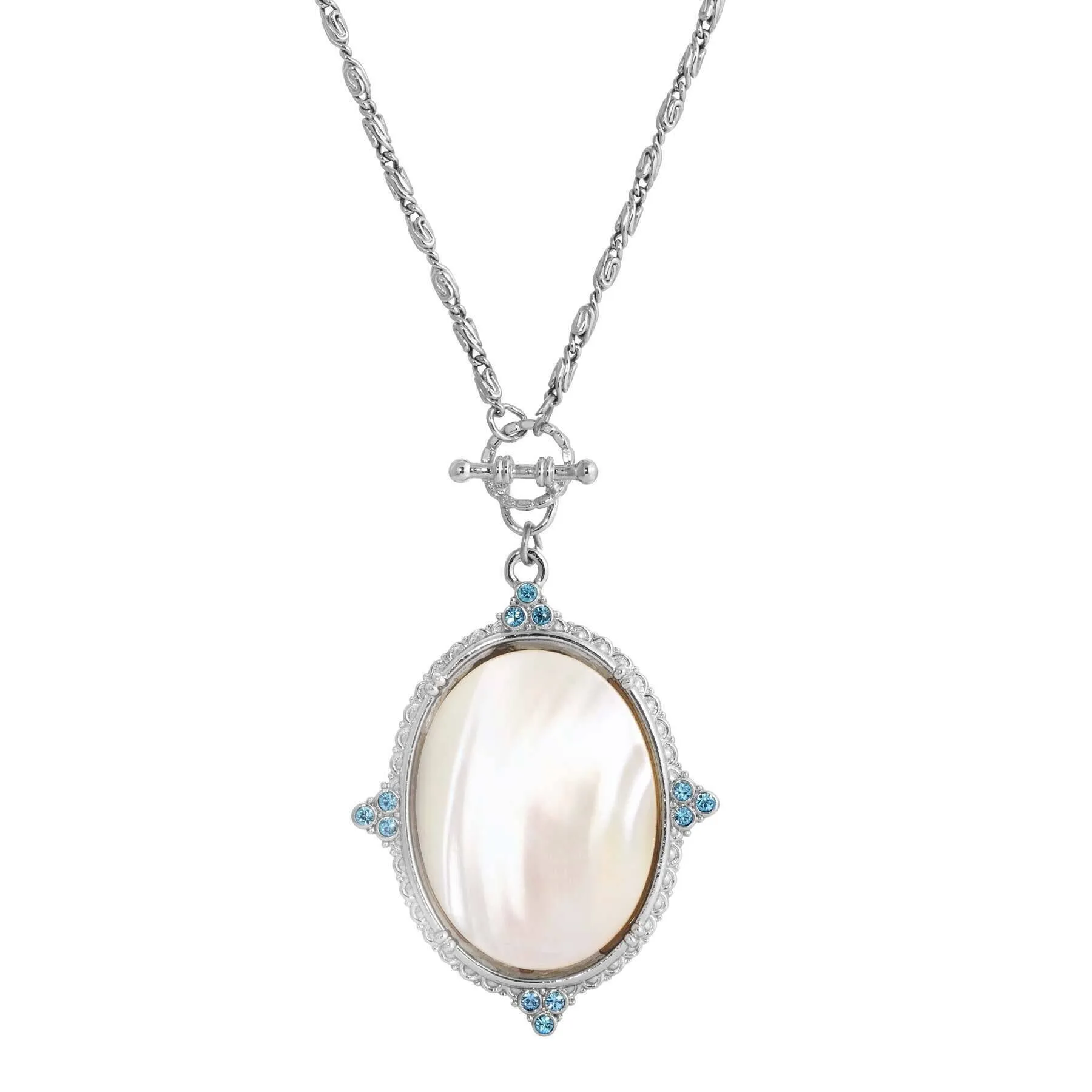 1928 Jewelry Aquamarine Crystal Mother Of Pearl Oval Pendant Toggle Necklace 30" 1928 Jewelry