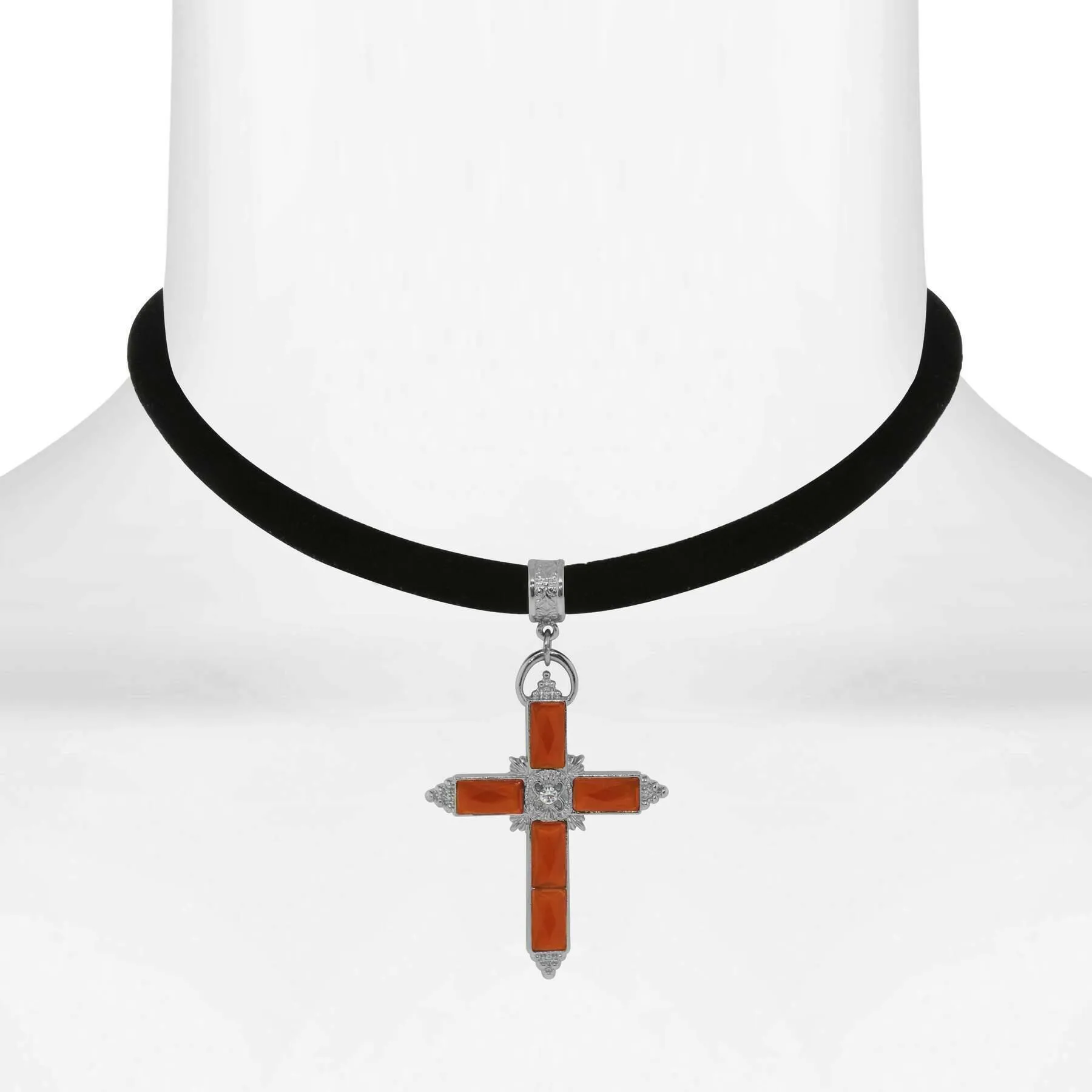 1928 Jewelry Austrian Carnelian Red Crystal Cross Black Velvet Choker Necklace 12"   5" Extender 1928 Jewelry