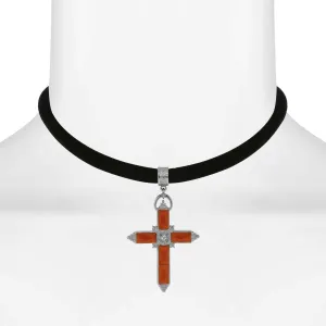 1928 Jewelry Austrian Carnelian Red Crystal Cross Black Velvet Choker Necklace 12"   5" Extender 1928 Jewelry