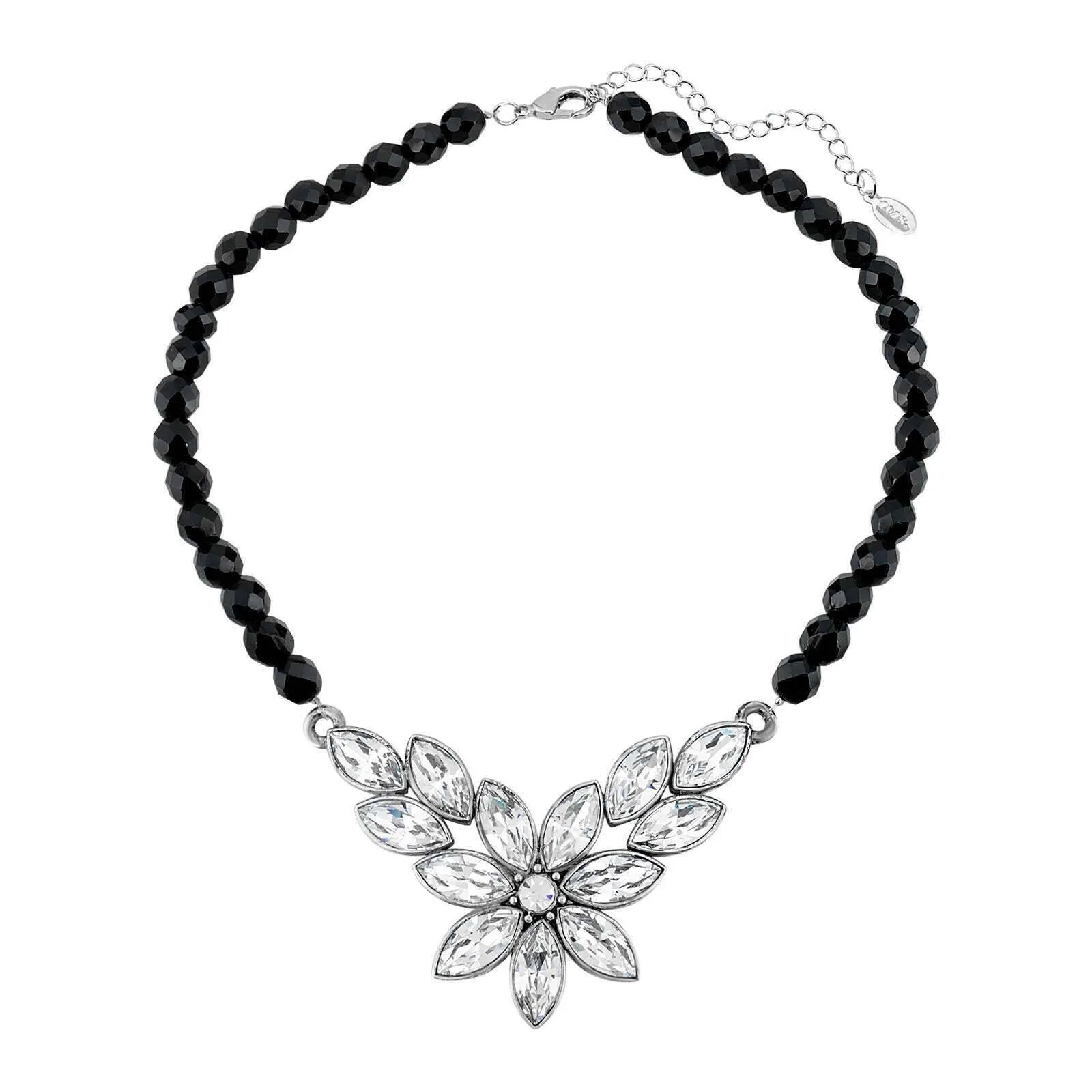 1928 Jewelry Austrian Crystal Flower & Black Glass Beaded Necklace 15 - 18" Adjustable 1928 Jewelry