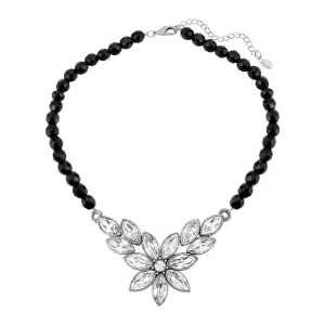 1928 Jewelry Austrian Crystal Flower & Black Glass Beaded Necklace 15 - 18" Adjustable 1928 Jewelry