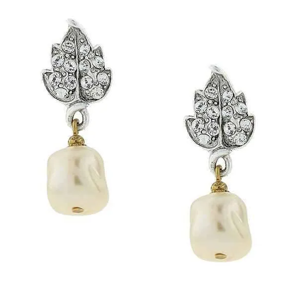1928 Jewelry Austrian Crystal Leaf And Baroque Faux Pearl Drop Earrings 1928 Jewelry