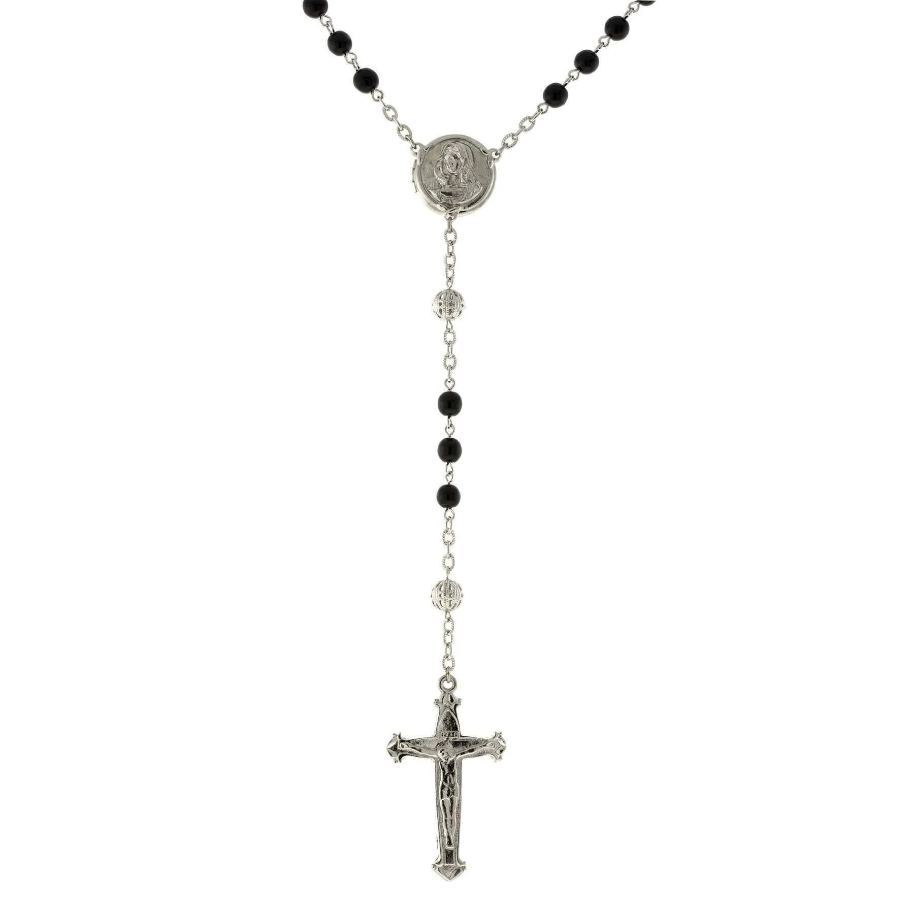 1928 Jewelry Beaded Crucifix With Mary Locket Necklace Rosary 1928 Jewelry