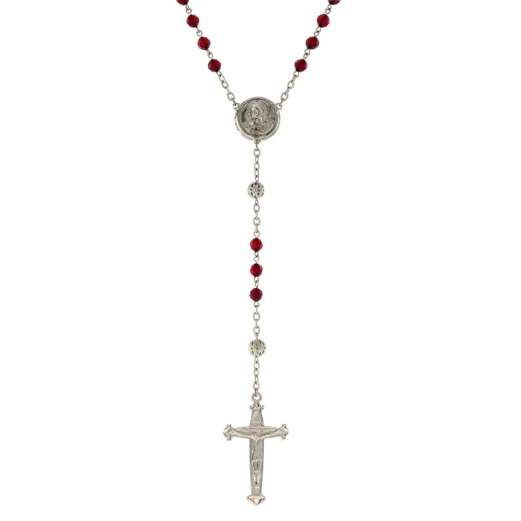 1928 Jewelry Beaded Crucifix With Mary Locket Necklace Rosary 1928 Jewelry
