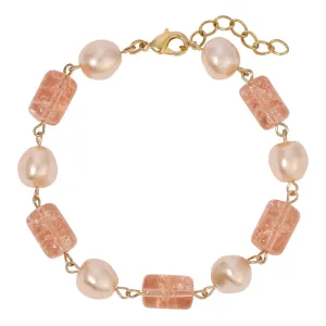 1928 Jewelry Beaded Peach Cracked Glass & Champagne Faux Pearl Link Bracelet 1928 Jewelry