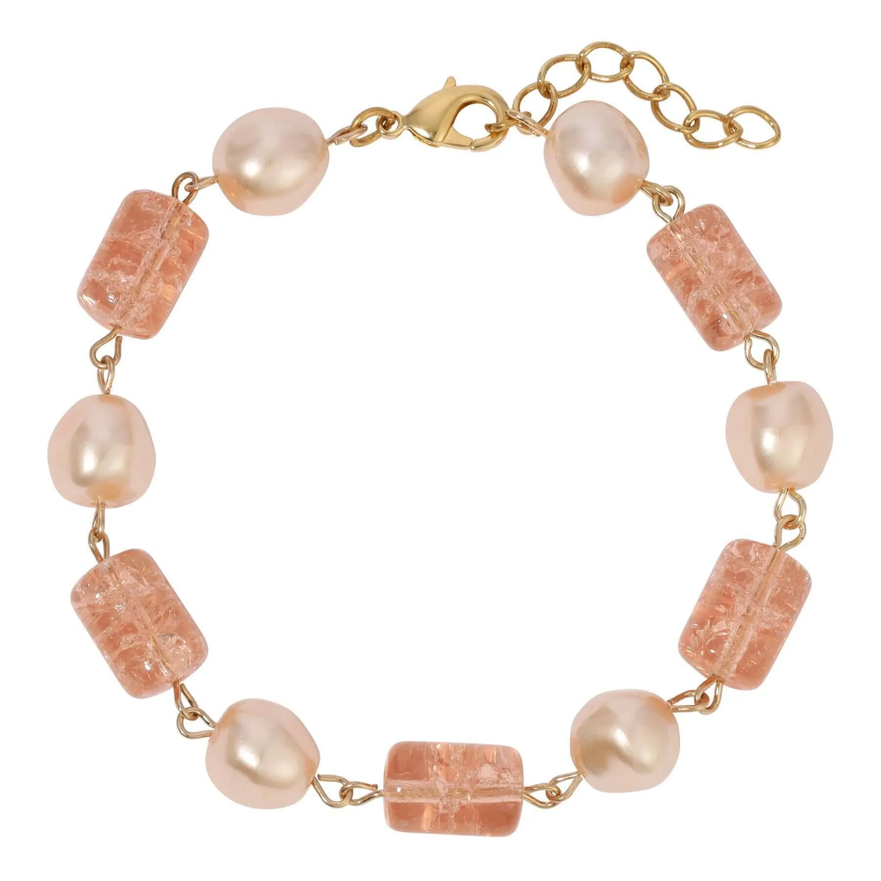 1928 Jewelry Beaded Peach Cracked Glass & Champagne Faux Pearl Link Bracelet 1928 Jewelry