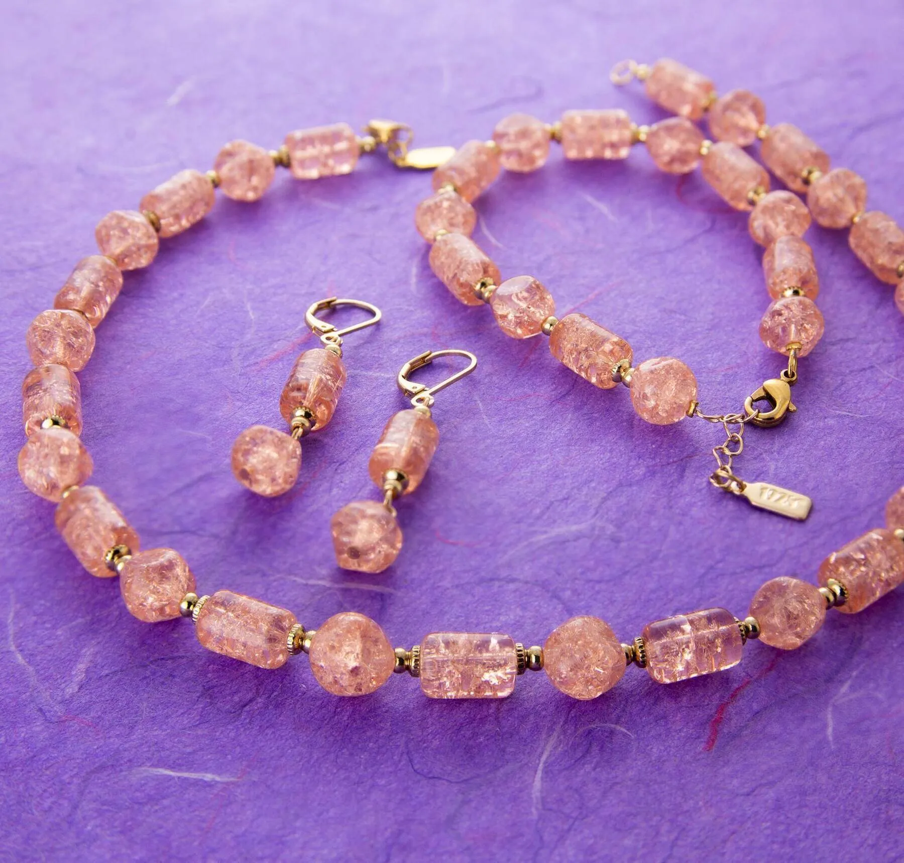 1928 Jewelry Beaded Peach Cracked Glass Dangling Earrings 1928 Jewelry