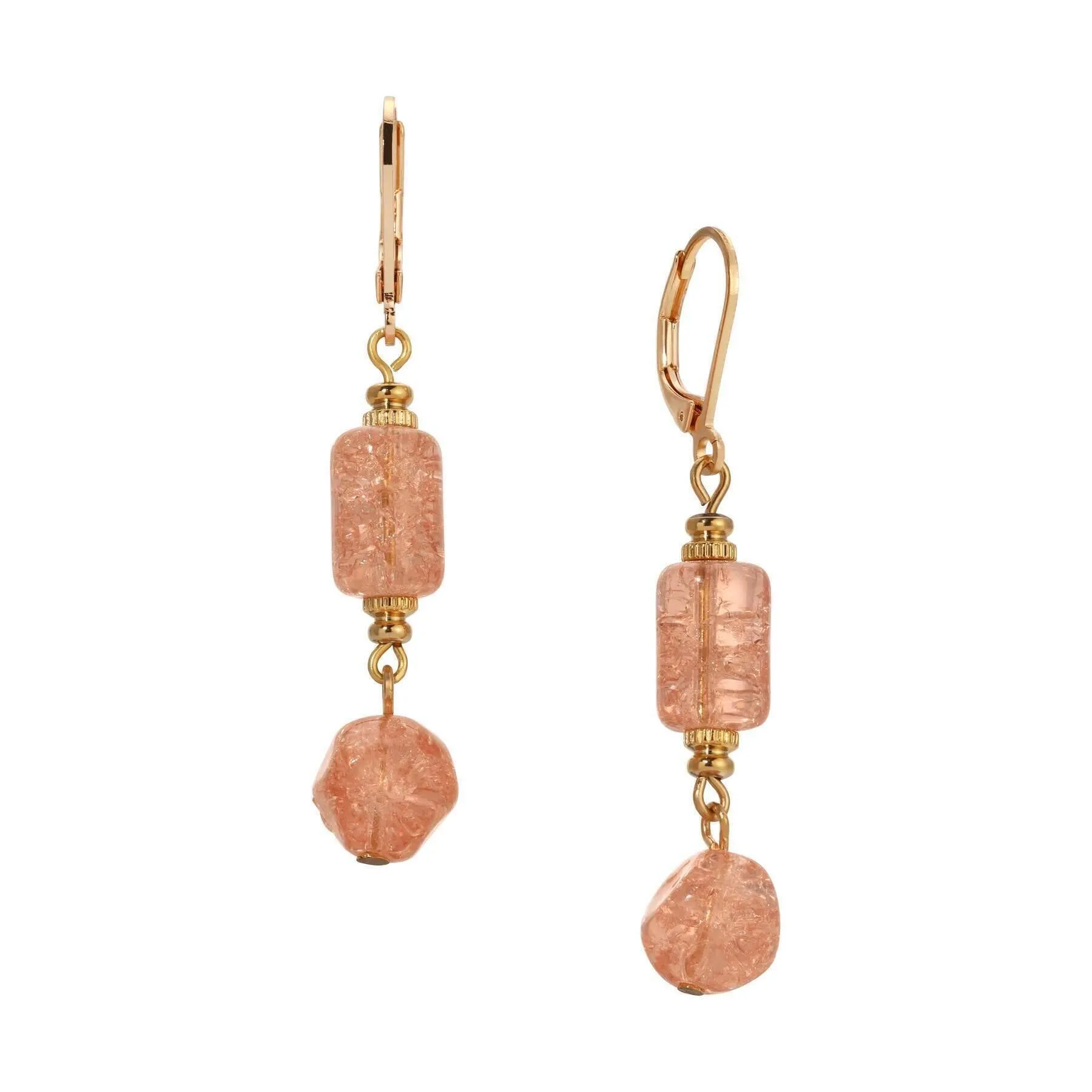 1928 Jewelry Beaded Peach Cracked Glass Dangling Earrings 1928 Jewelry