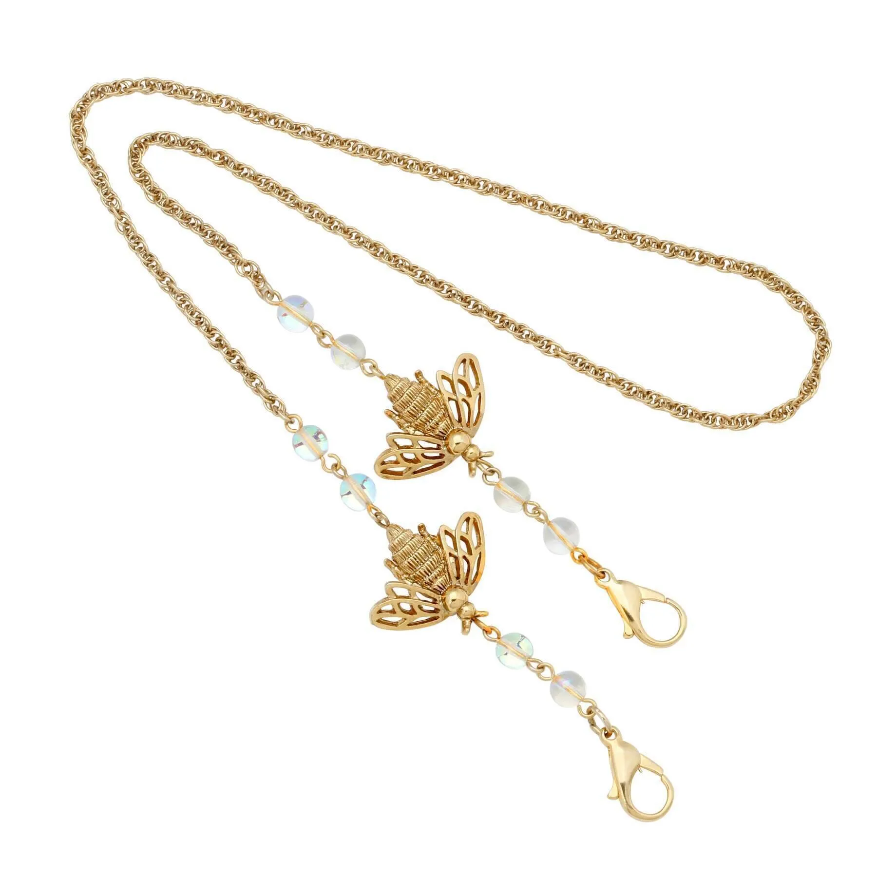 1928 Jewelry Bee Face Mask Chain Holder With AB Crystals 22 Inches 1928 Jewelry