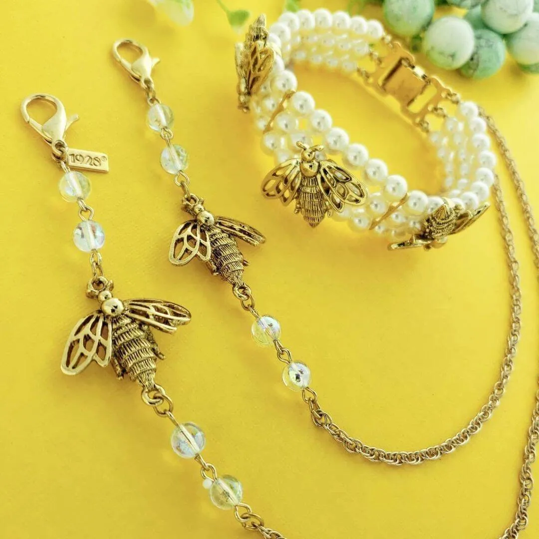 1928 Jewelry Bee Face Mask Chain Holder With AB Crystals 22 Inches 1928 Jewelry