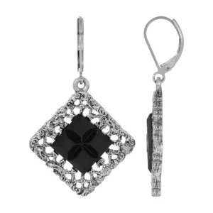 1928 Jewelry Belladonna Black Glass Stone Filigree Drop Earrings 1928 Jewelry