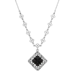 1928 Jewelry Belladonna Black Glass Stone Filigree Pendant Necklace 18" 1928 Jewelry