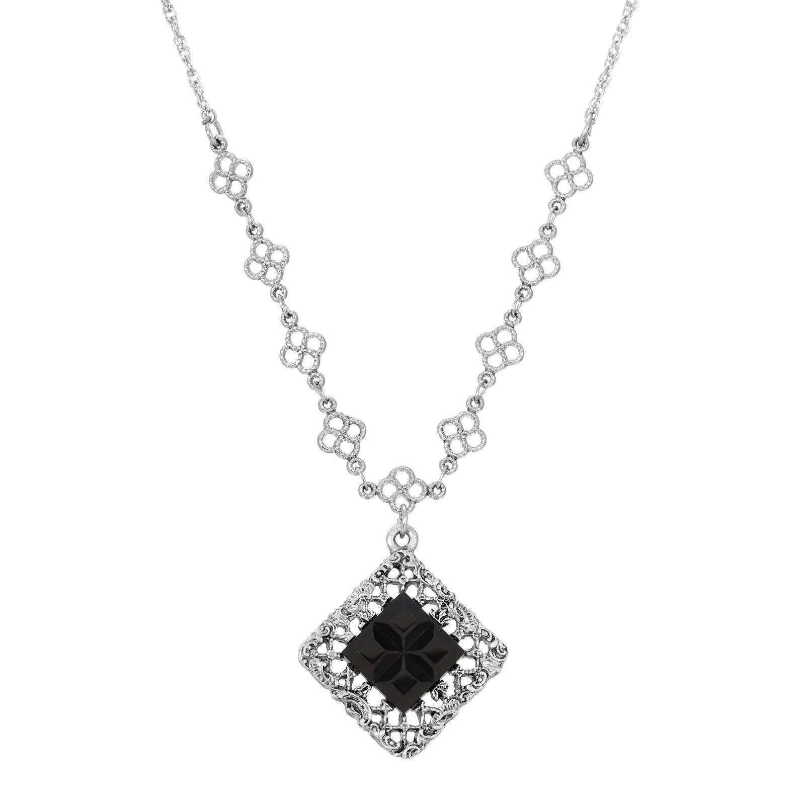 1928 Jewelry Belladonna Black Glass Stone Filigree Pendant Necklace 18" 1928 Jewelry