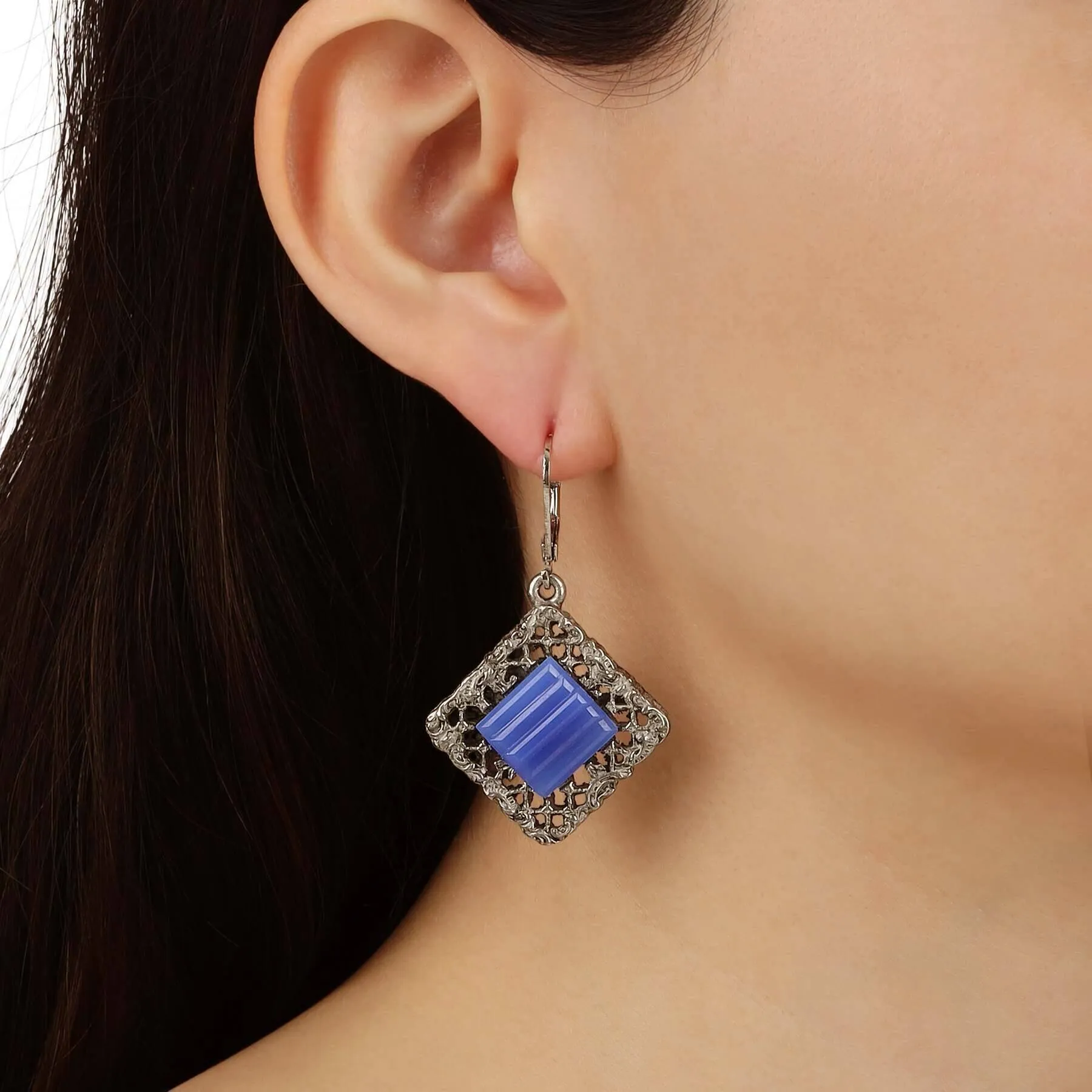 1928 Jewelry Belladonna Textured Ridged Glass Stone Filigree Drop Earrings 1928 Jewelry