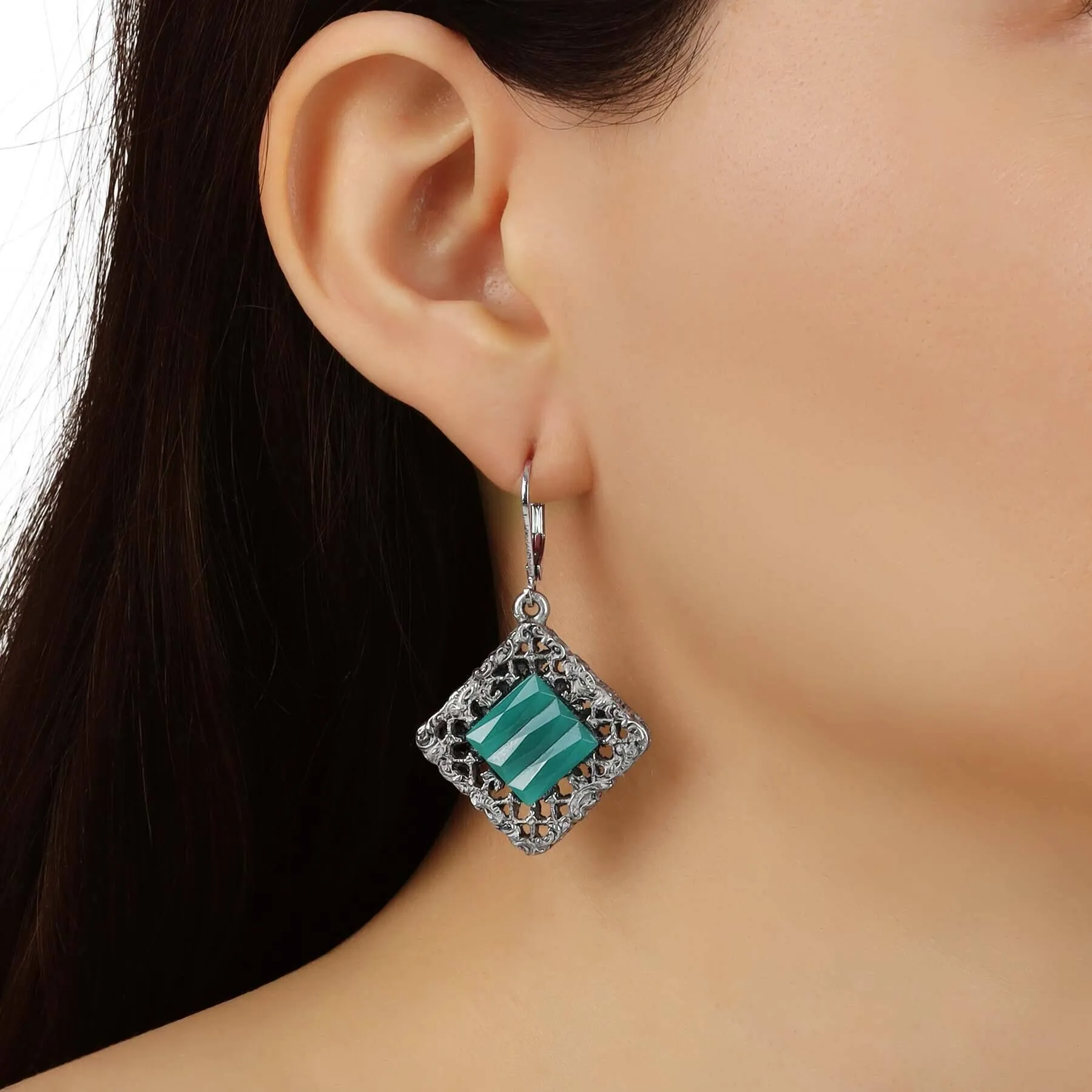 1928 Jewelry Belladonna Textured Ridged Glass Stone Filigree Drop Earrings 1928 Jewelry