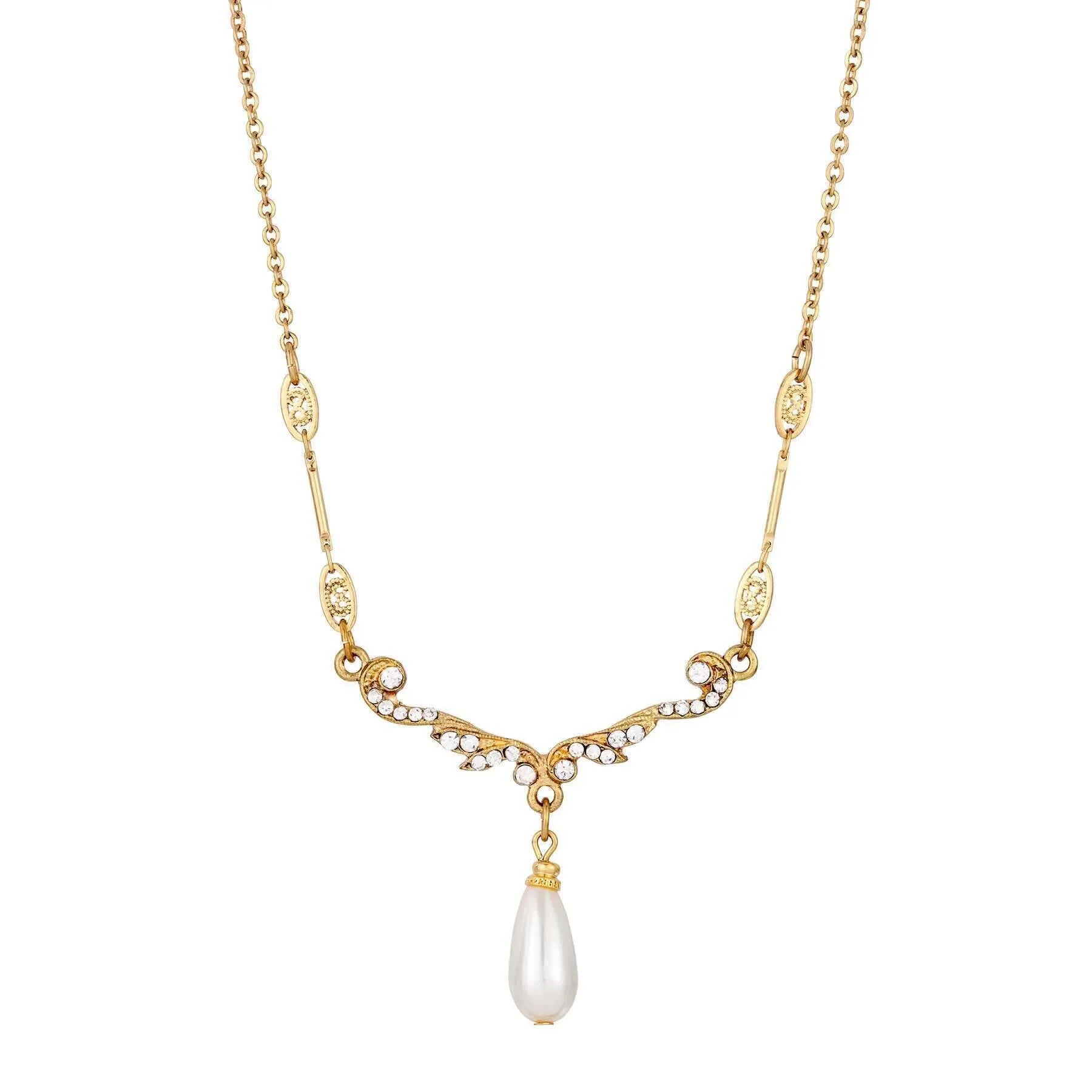 1928 Jewelry Belle Epoch Faux Pearl Teardrop Crystal Necklace 16"   3" Extender 1928 Jewelry