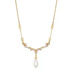 1928 Jewelry Belle Epoch Faux Pearl Teardrop Crystal Necklace 16"   3" Extender 1928 Jewelry