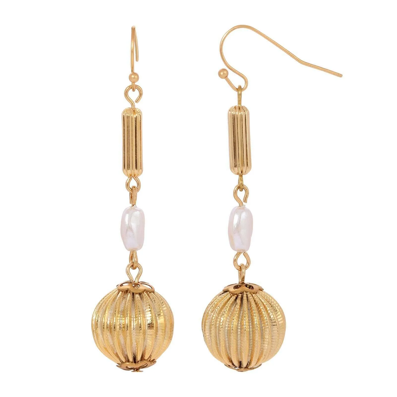 1928 Jewelry Biwa Faux Pearl Round Fluted Bead Dangle Earrings 1928 Jewelry