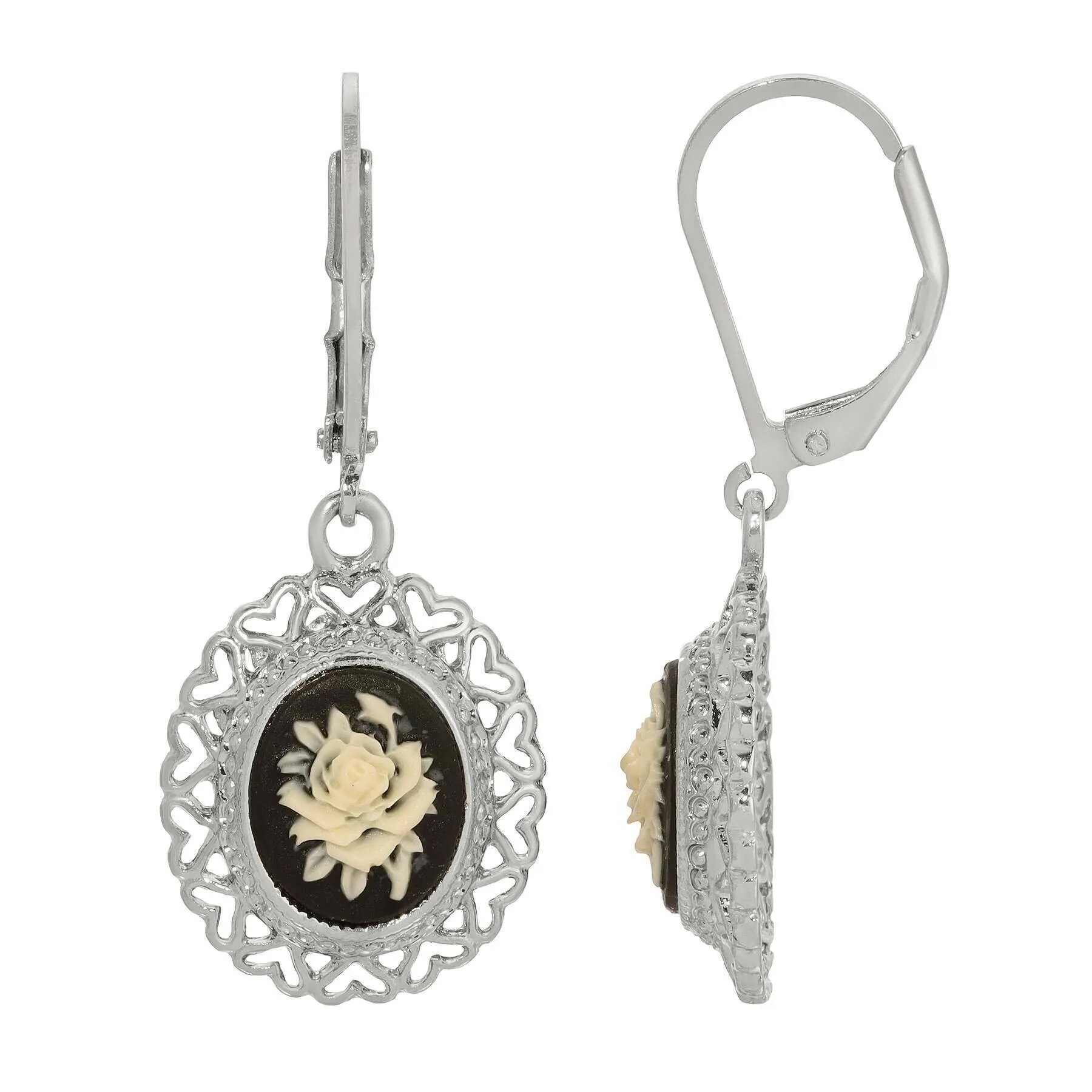 1928 Jewelry Black & Ivory Flower Cameo Heart Drop Earrings 1928 Jewelry