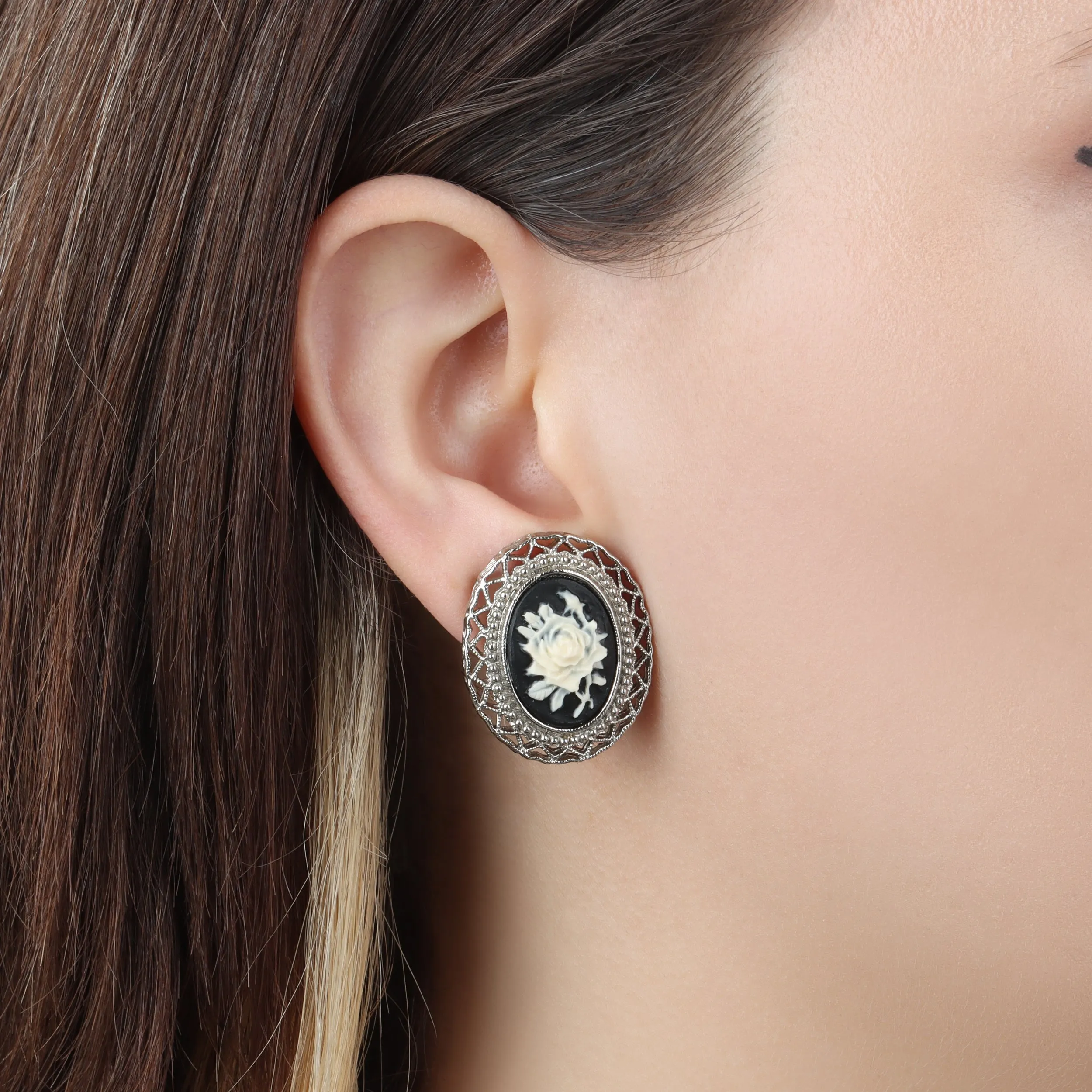1928 Jewelry Black & Ivory Flower Cameo Hearts Clip On Earrings 1928 Jewelry