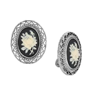 1928 Jewelry Black & Ivory Flower Cameo Hearts Clip On Earrings 1928 Jewelry
