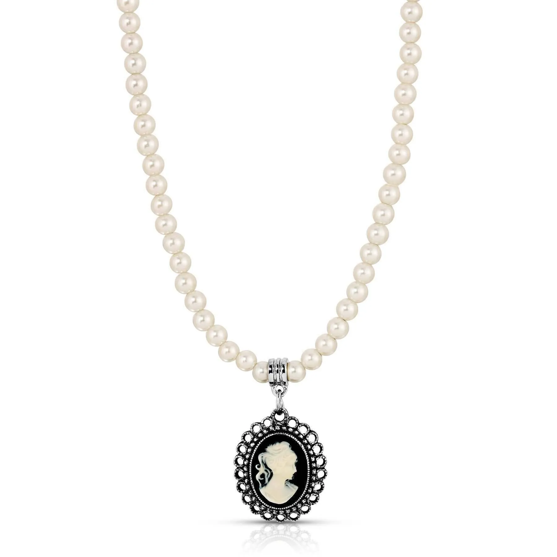 1928 Jewelry Black & White Cameo Pendant 4mm Faux Pearl Strand Necklace Necklace 15"   3" Extension 1928 Jewelry