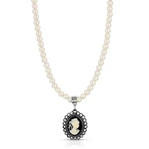 1928 Jewelry Black & White Cameo Pendant 4mm Faux Pearl Strand Necklace Necklace 15"   3" Extension 1928 Jewelry
