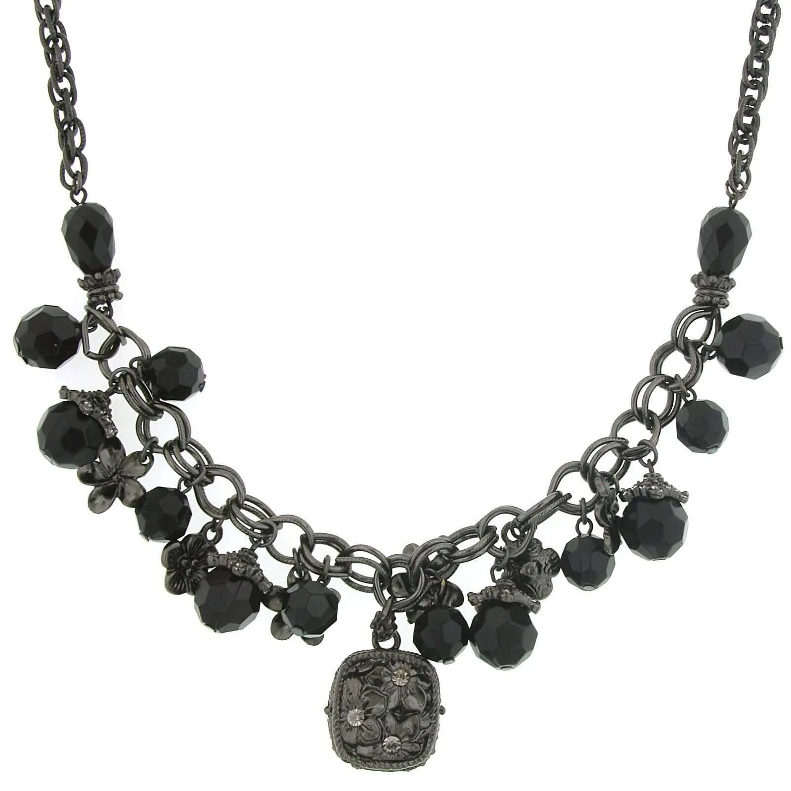 1928 Jewelry Black Bead Flower Charms & Floral Pendant Necklace 16"   3" Extender 1928 Jewelry