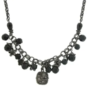 1928 Jewelry Black Bead Flower Charms & Floral Pendant Necklace 16"   3" Extender 1928 Jewelry
