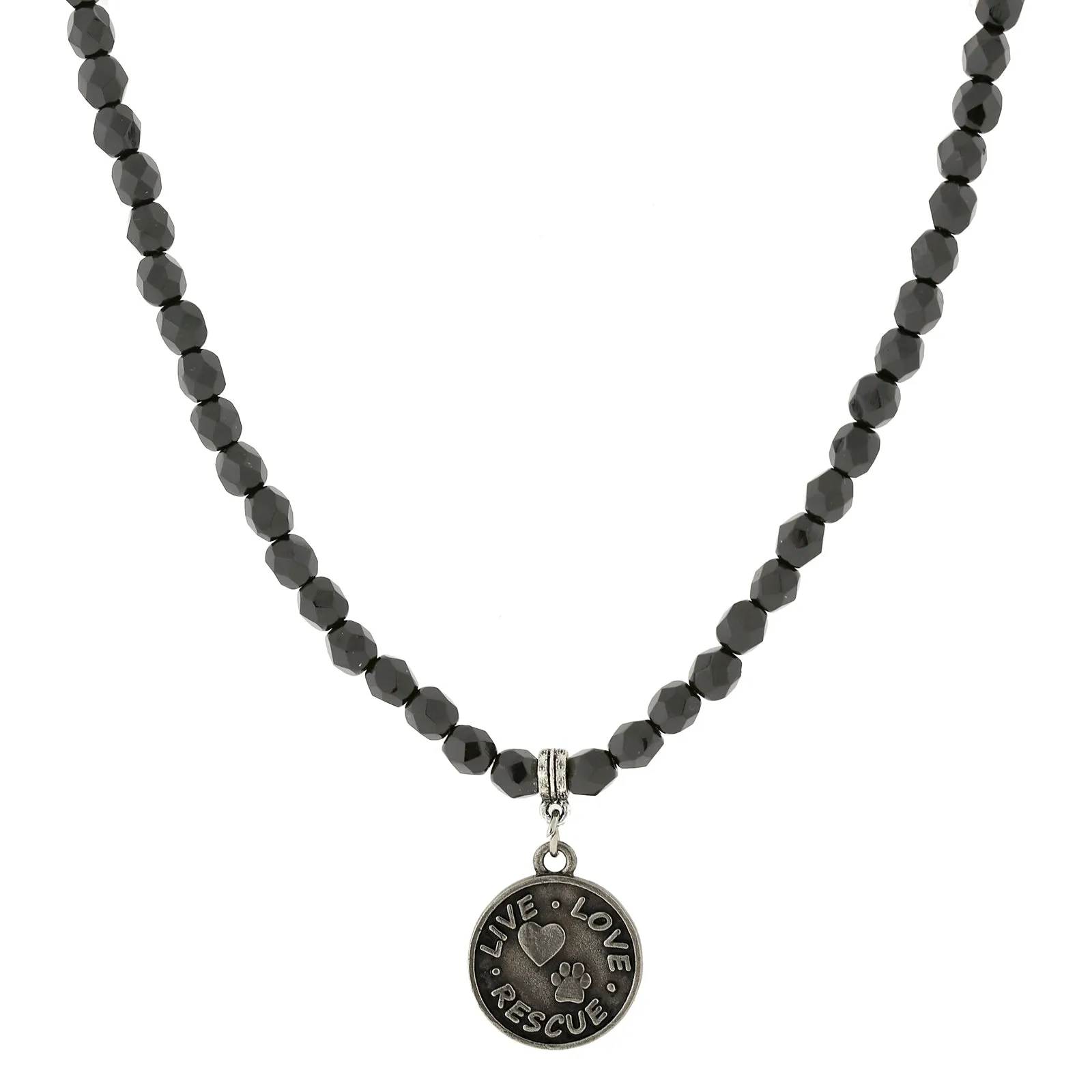 1928 Jewelry Black Bead Live Love Rescue Pendant Necklace 15"   3" Extender 1928 Jewelry