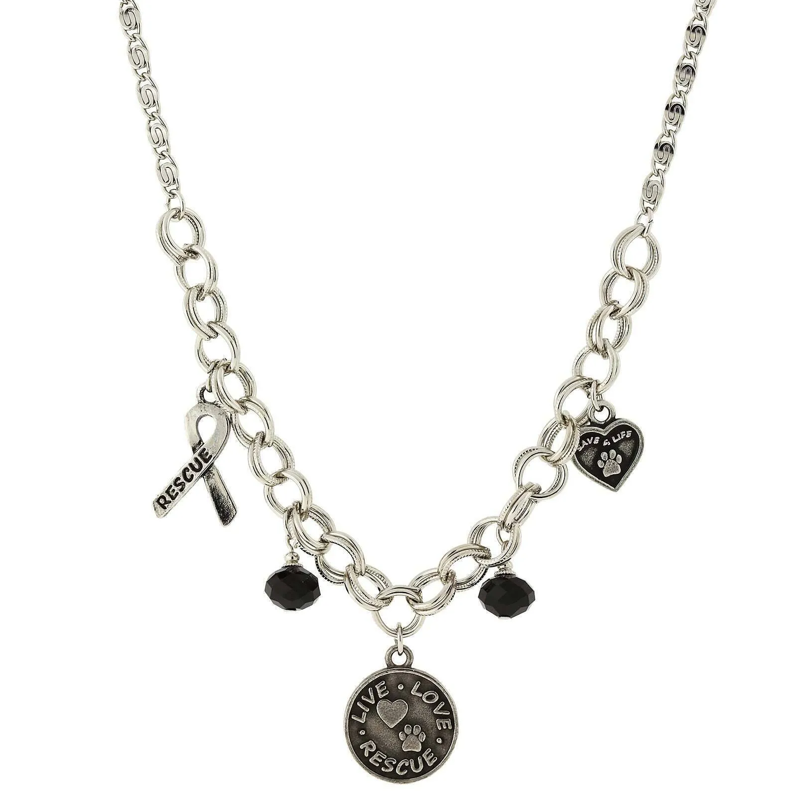 1928 Jewelry Black Bead Live Love Rescue Pendant Necklace 16"   3" Extender 1928 Jewelry