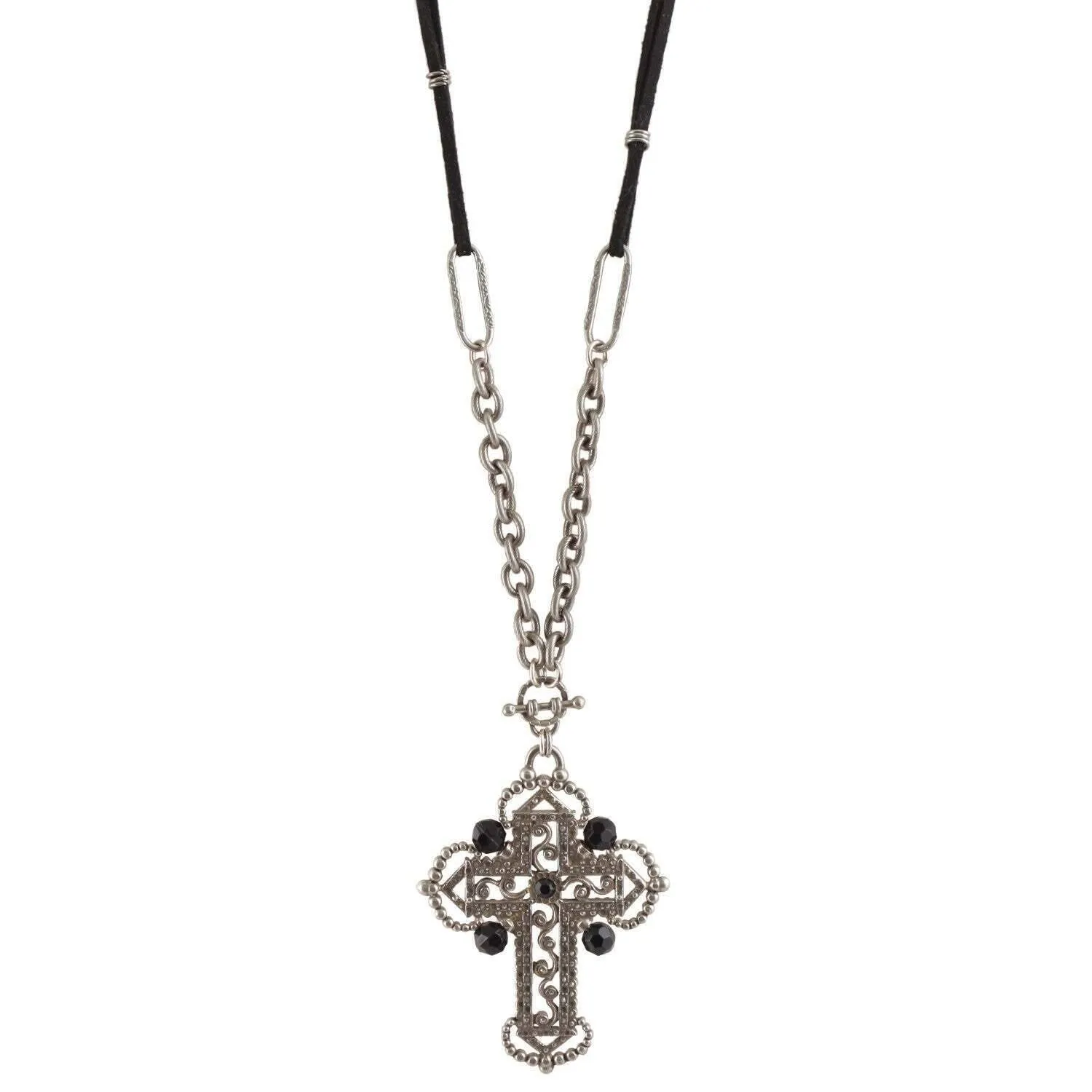 1928 Jewelry Black Bead Ornate Cross Pendant Necklace 30" 1928 Jewelry
