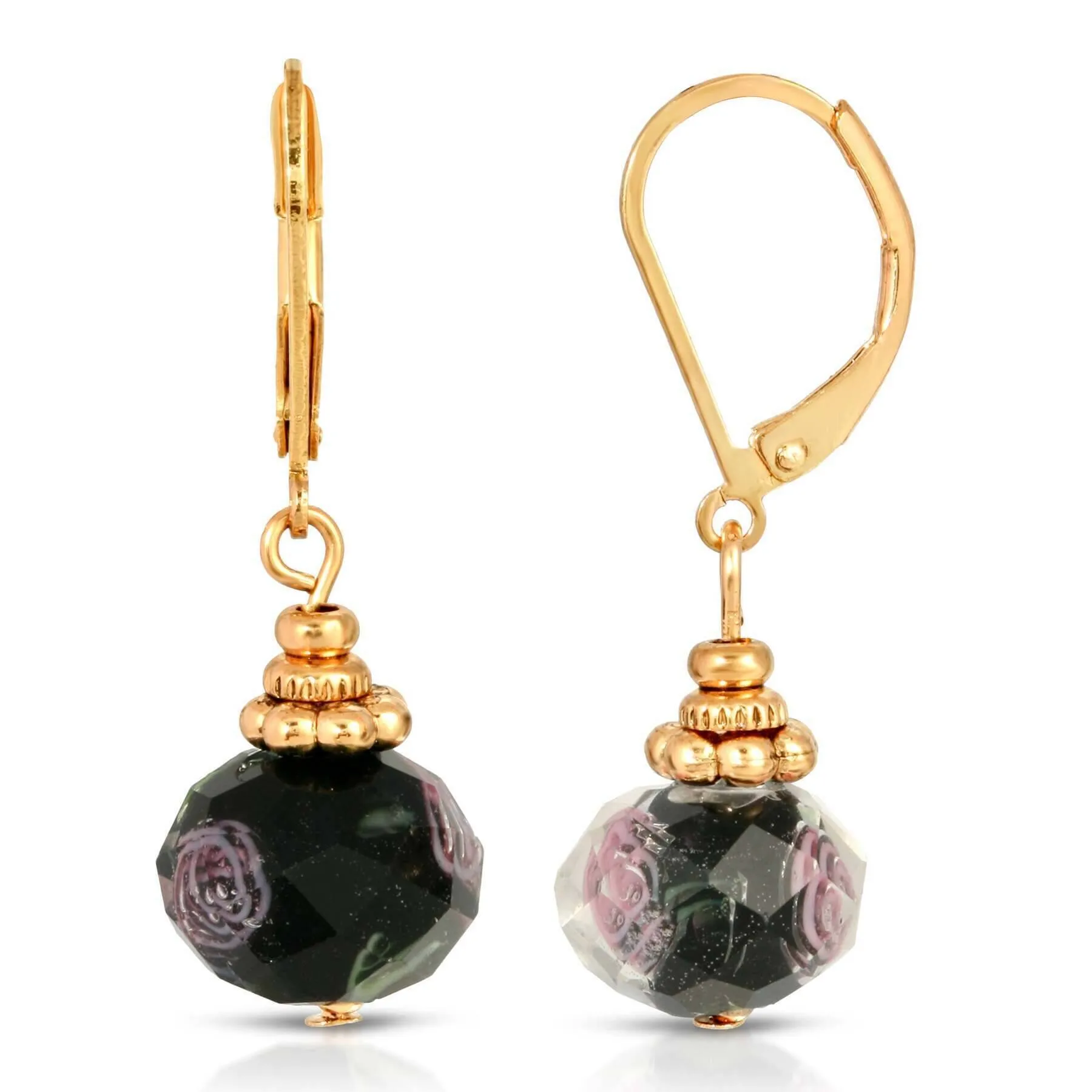 1928 Jewelry Black Bead Pink Bel Fiore Motif Earrings 1928 Jewelry