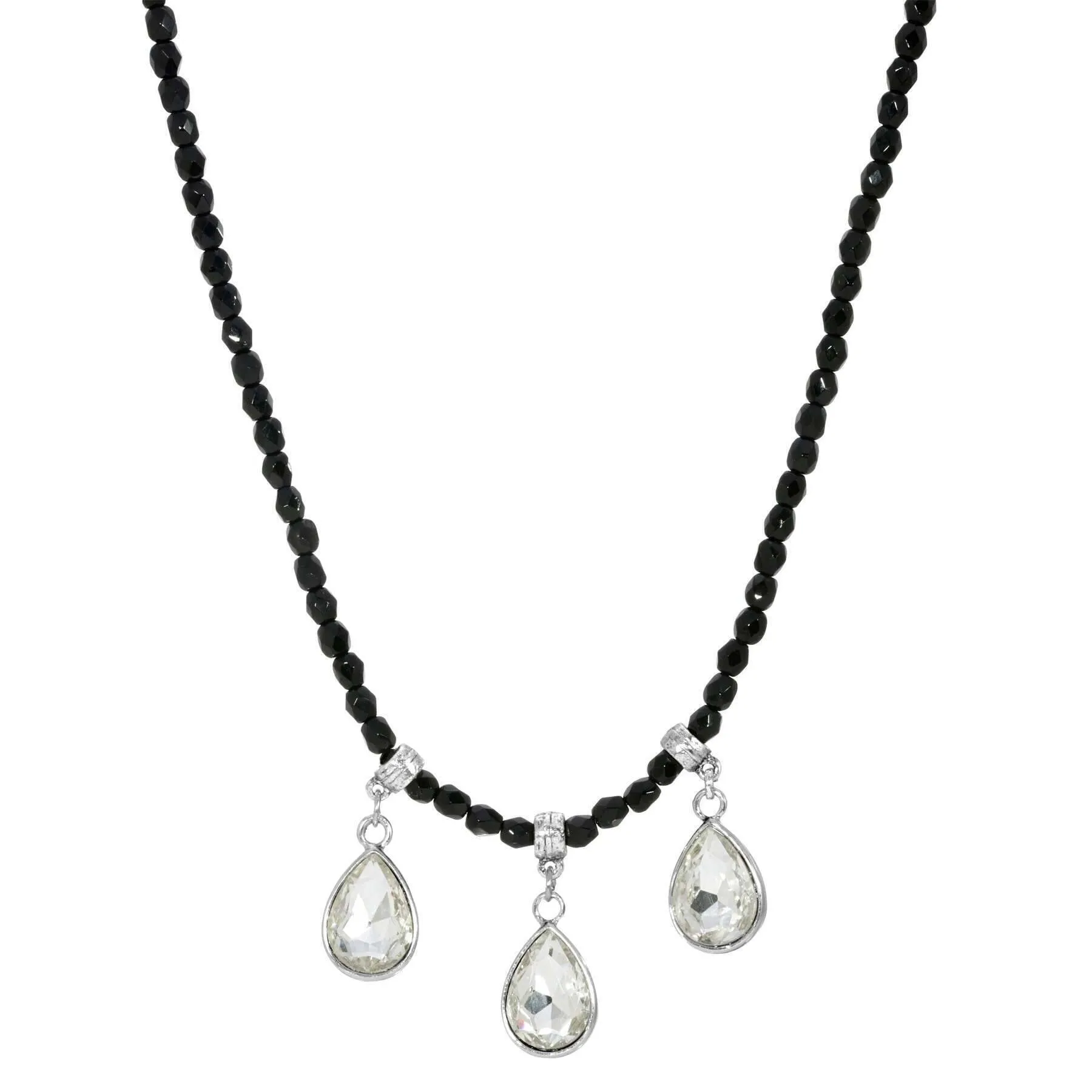 1928 Jewelry Black Bead Small Crystal Teardrop Necklace 15"   3" Extender 1928 Jewelry