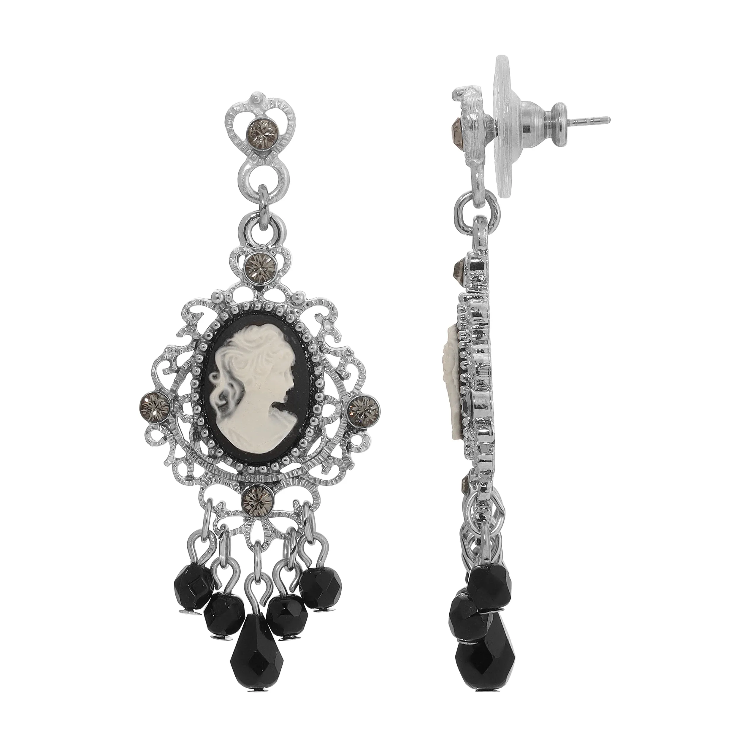 1928 Jewelry Black Cameo Crystal Beaded Post Drop Chandelier Earrings 1928 Jewelry