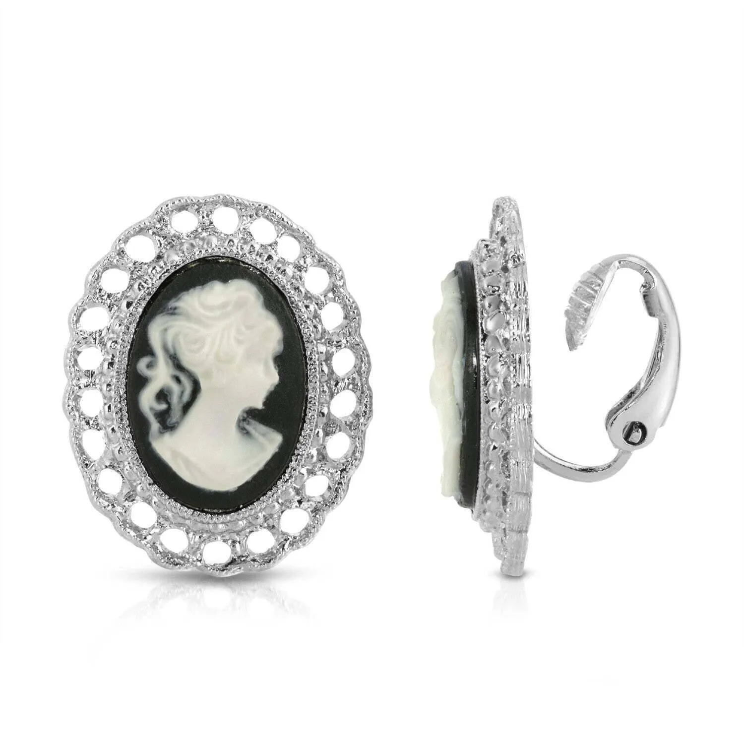 1928 Jewelry Black Cameo Oval Filigree Button Clip On Earrings 1928 Jewelry