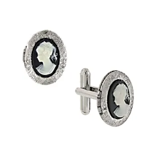 1928 Jewelry Black Cameo Oval Locket Cufflinks 1928 Jewelry