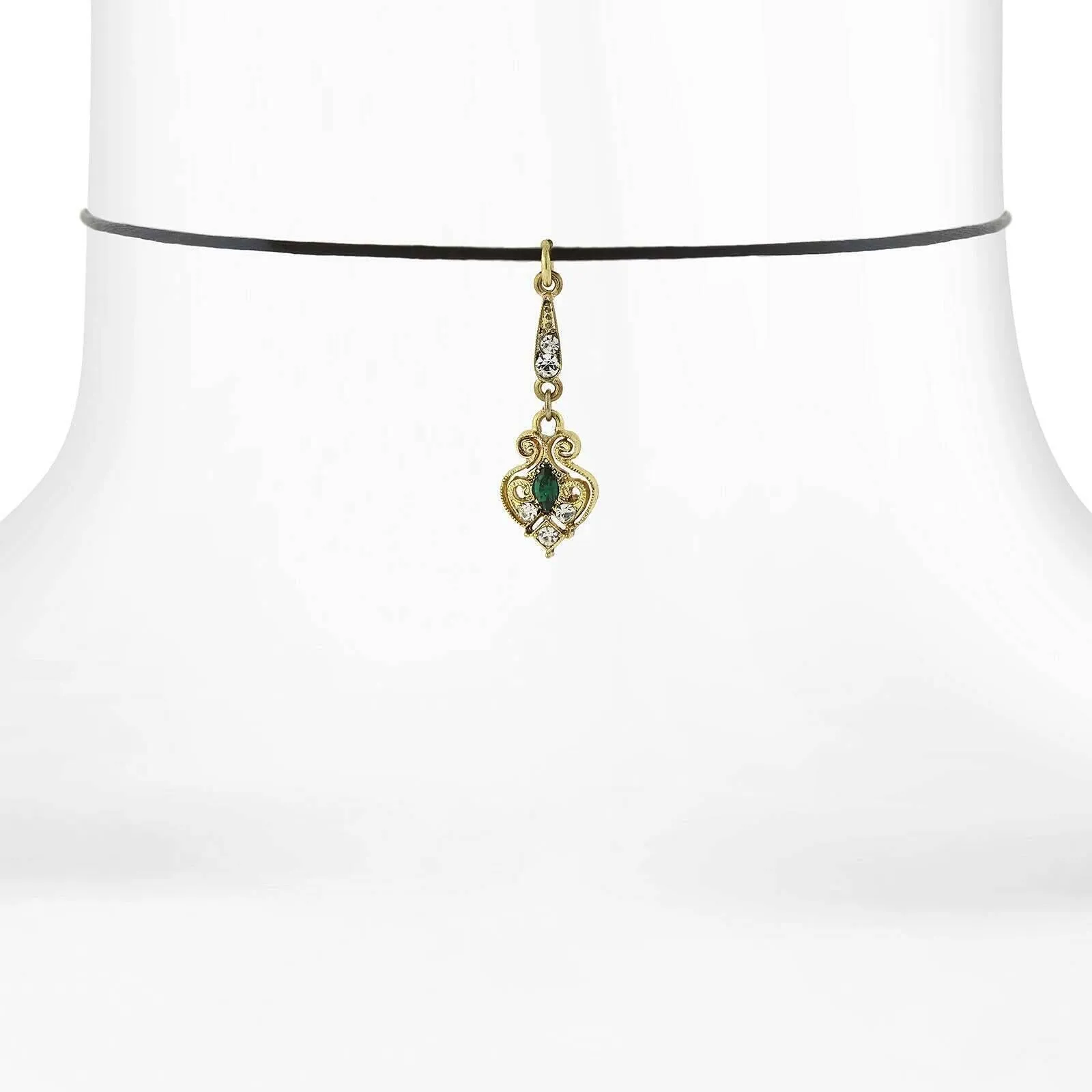 1928 Jewelry Black Choker Green And Crystal Accent Drop Necklace 14"   5" Extender 1928 Jewelry