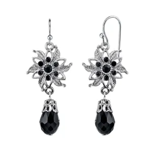 1928 Jewelry Black Crystal Flower Jet Crystal Dangling Earrings 1928 Jewelry