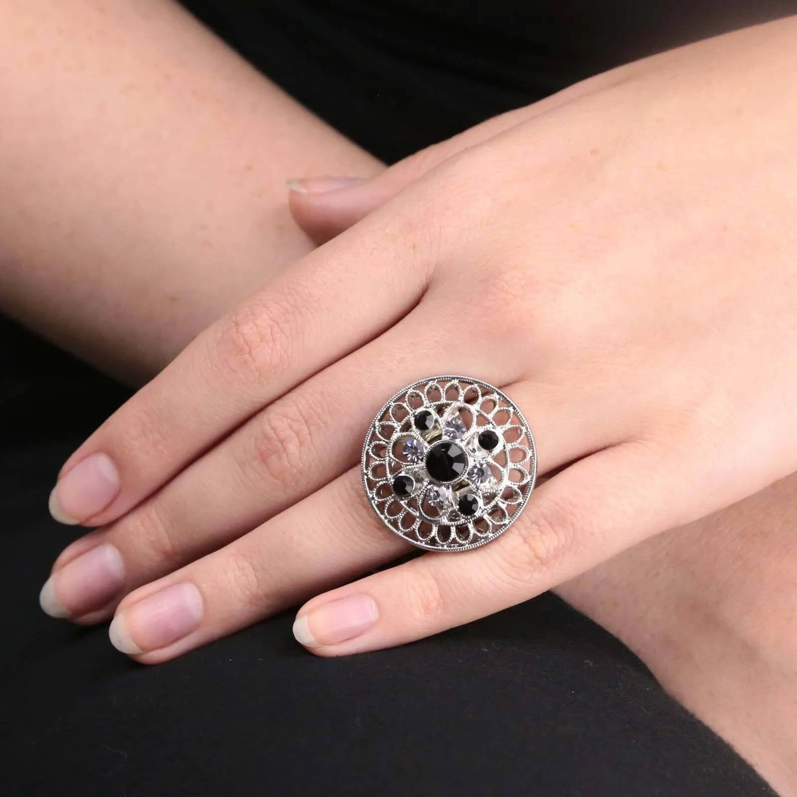 1928 Jewelry Black Diamond Color And Black Crystal Round Stretch Ring 1928 Jewelry